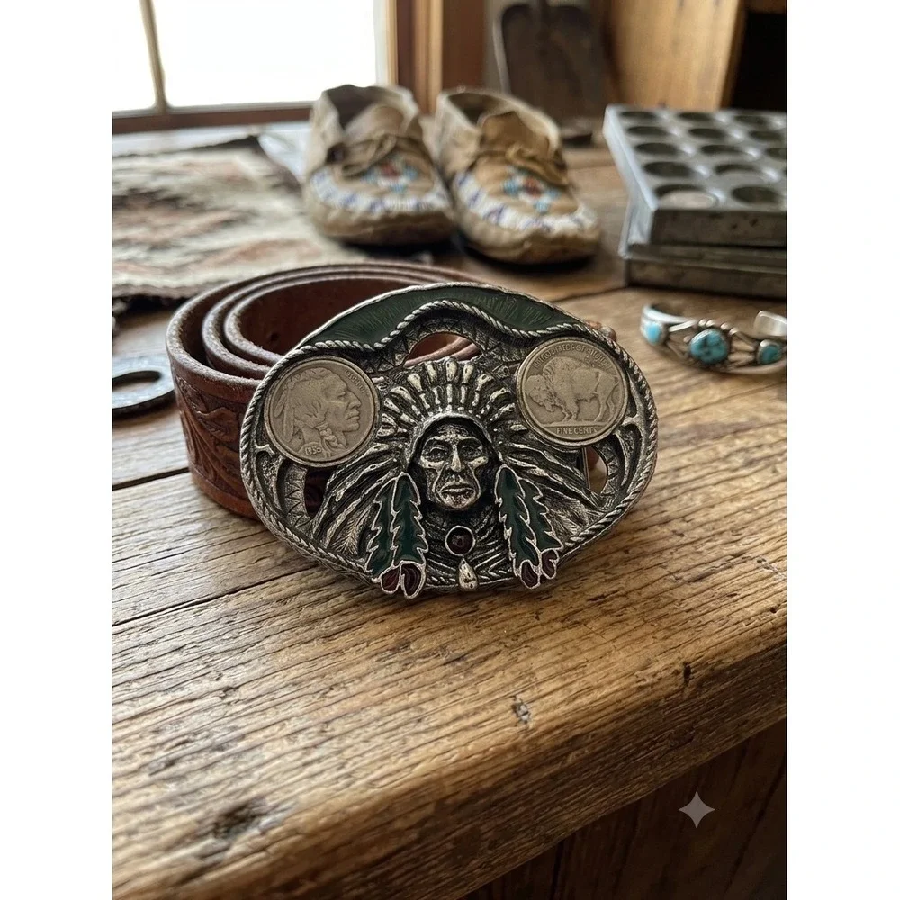 Vintage Native American Chief Belt Buckle 1935 Buffalo Nickels Enamel USA Made